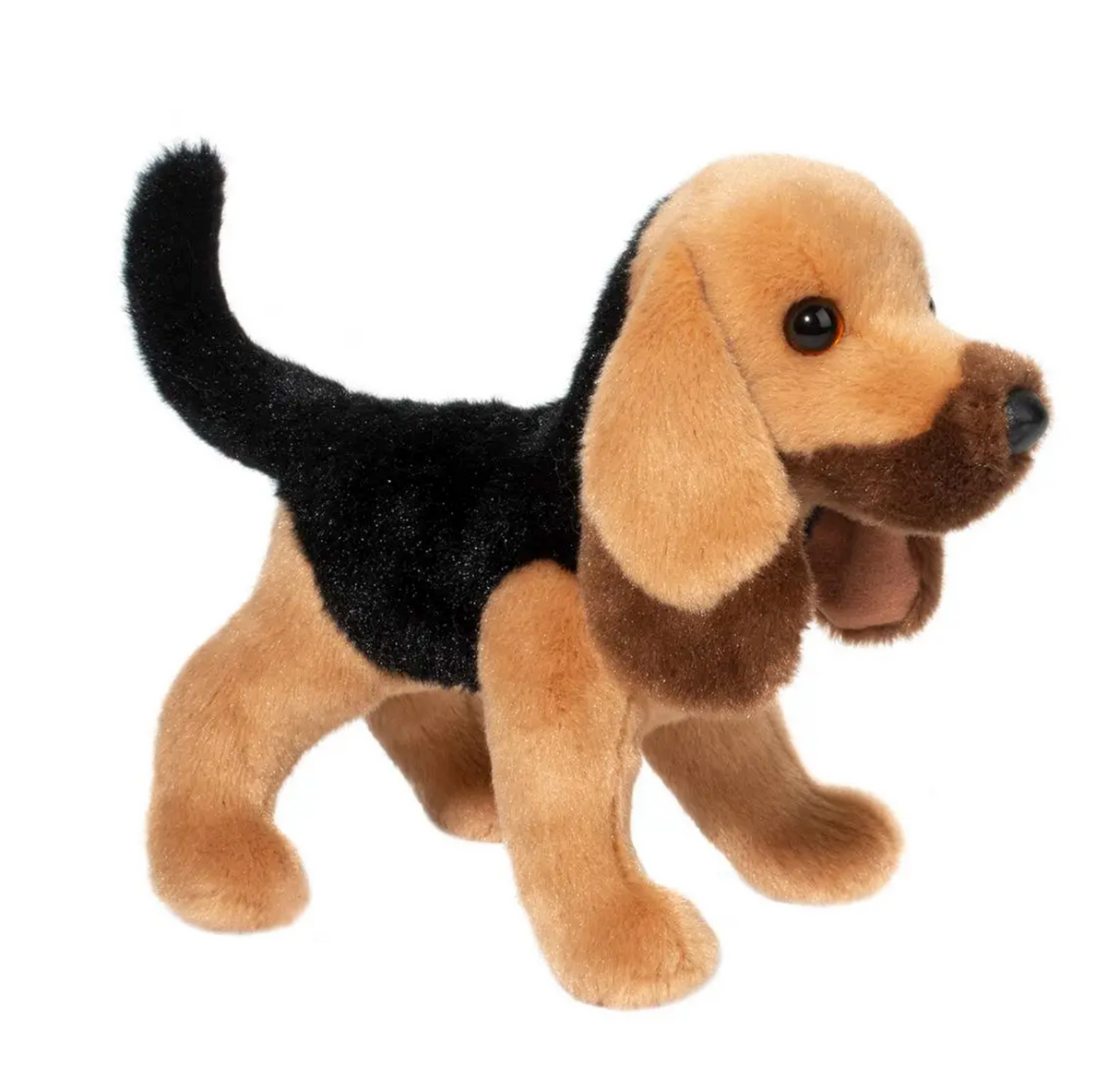 Bloodhound Trapper plush toy with long floppy ears, amber eyes, black tail, and soft tan and black fur.