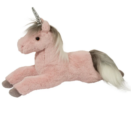 Unicorn Mauve Esme plush toy lying down with dusty rose coat, silvery horn, amber eyes, and grey-white mane and tail.