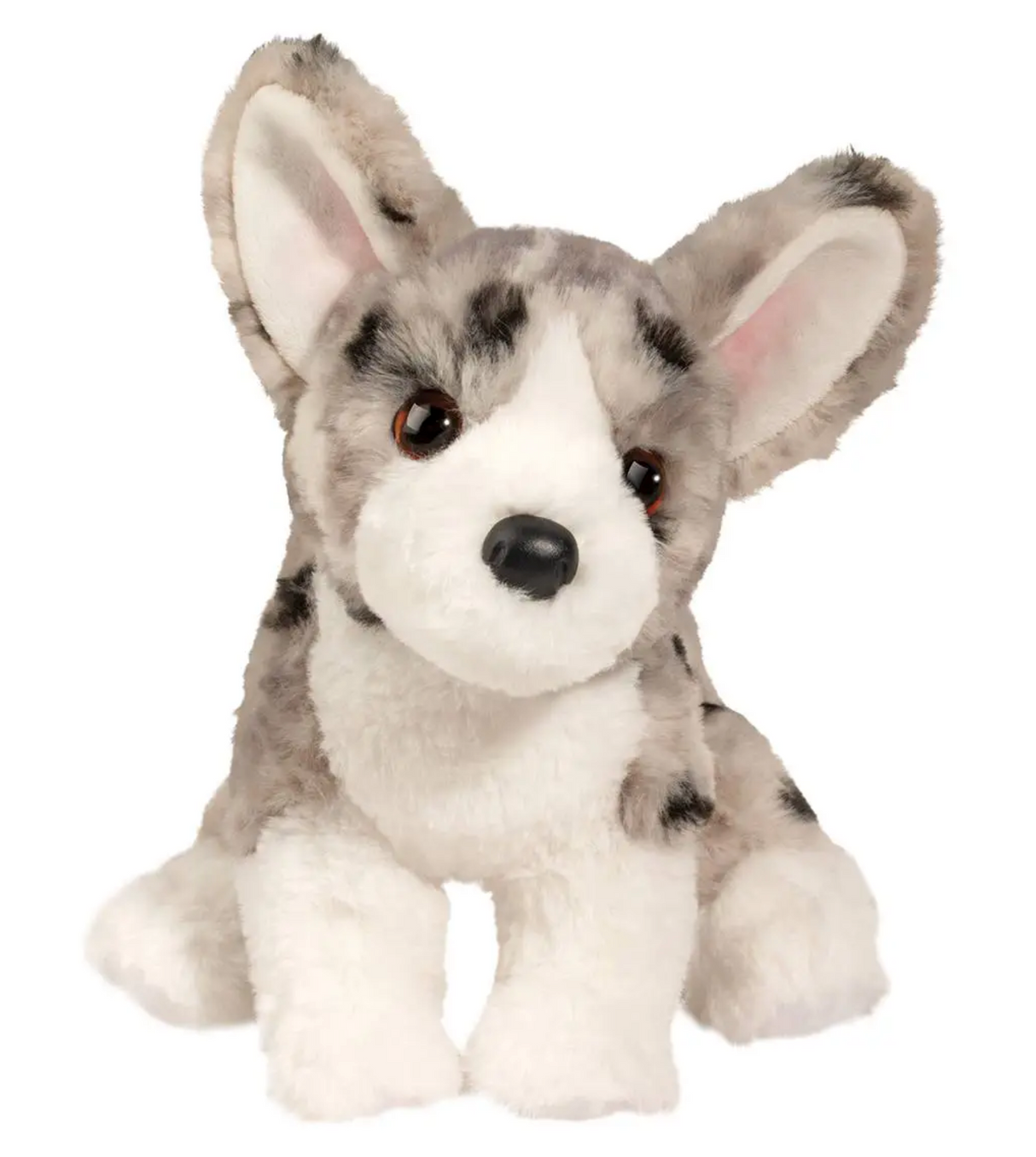 Corgi Codie plush with soft blue merle fur, amber eyes, and oversized ears, perfect for cuddling and play.