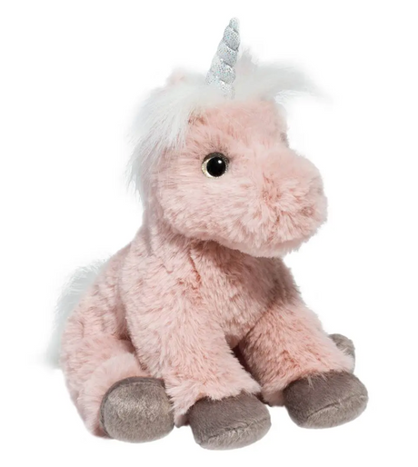 Unicorn Melodie soft pink plush with silver horn, gray hooves, and fluffy white mane in a seated pose.