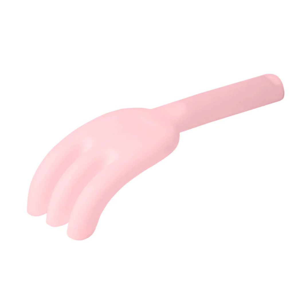 Scrunch Rake Dusty Rose, a tough, compact rake perfect for small hands, made from recyclable, phthalate-free polypropylene.