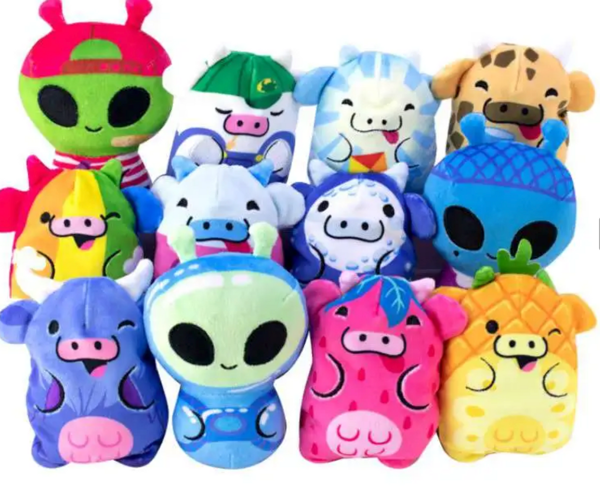 Cows vs Aliens Mystery Bag plush toys featuring soft, bean-filled collectible cows and aliens in cute designs.