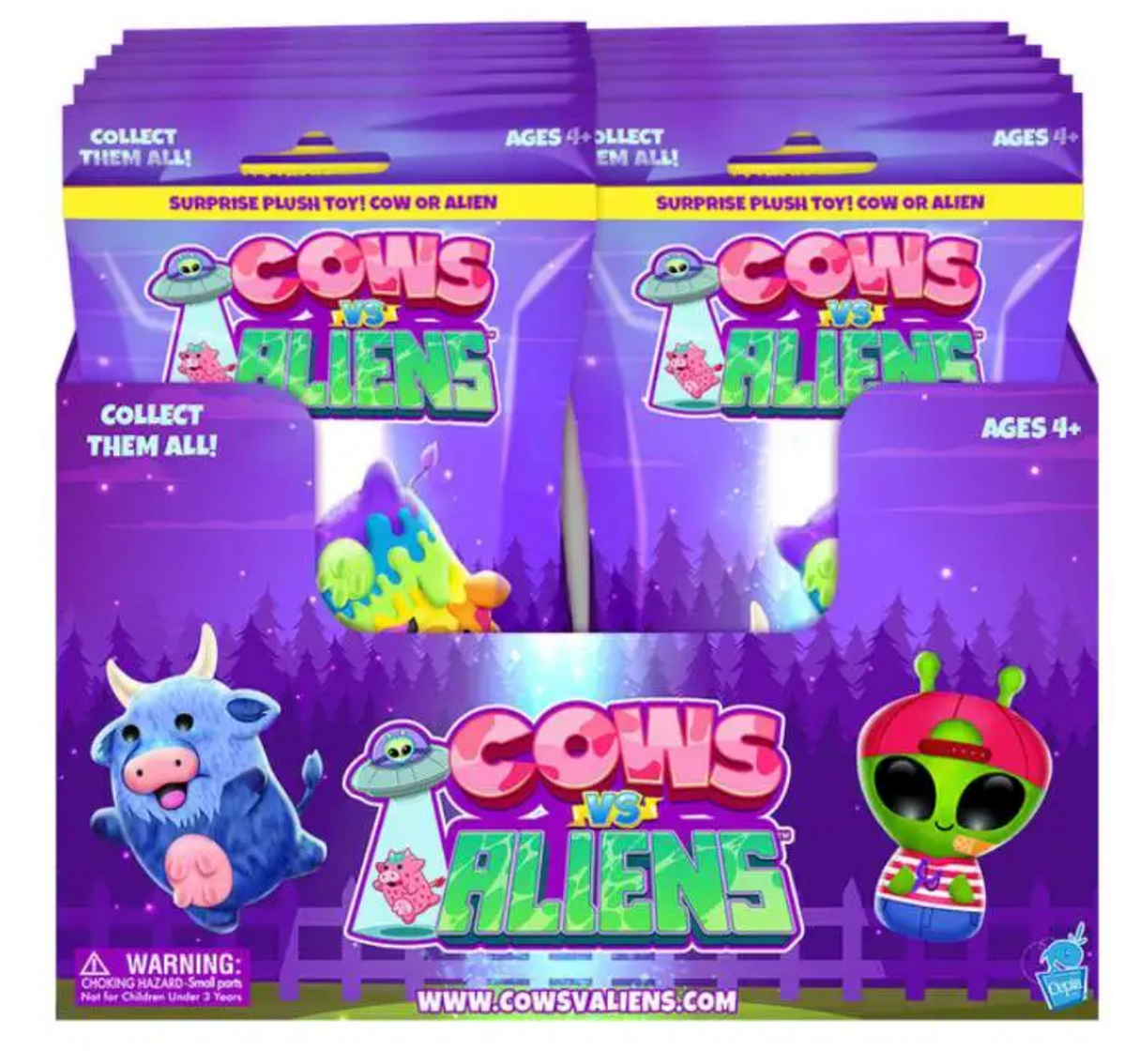 Cows vs Aliens Mystery Bag with surprise plush cow or alien collectible toy in vibrant packaging for ages 4 and up.