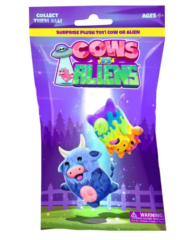 Cows vs Aliens Mystery Bag showing colorful cow and alien plushes in a surprise collectible blind bag packaging.