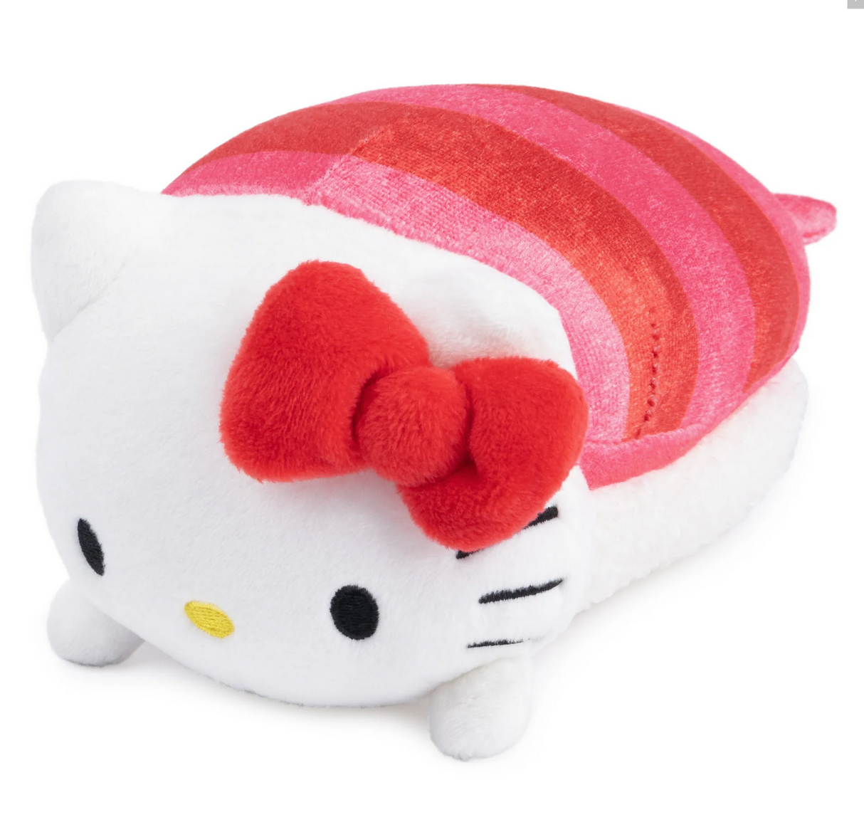 Hello Kitty Sashimi plush featuring soft white fabric, red bow, and striped velour sashimi pattern on sherpa rice.