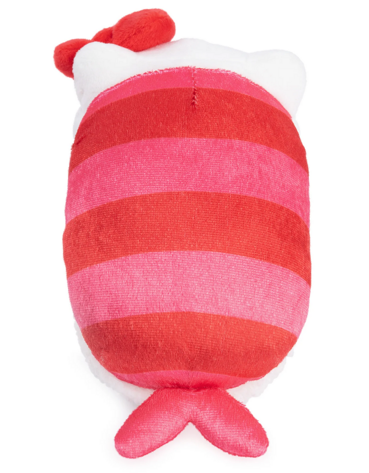 Back view of Hello Kitty Sashimi plush with red and pink striped velour and tiny fishtail detail.