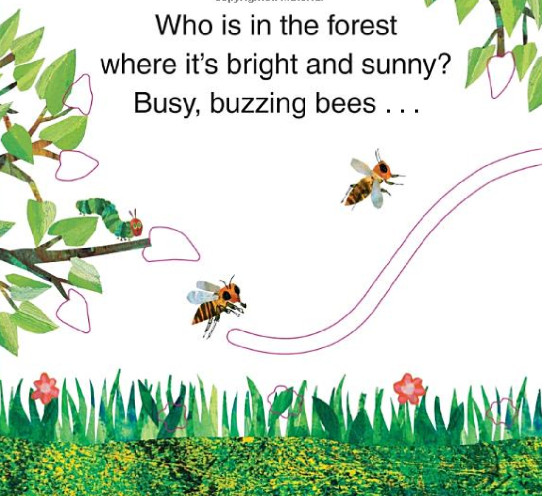 Very Hungry Caterpillar's Forest Hide & Seek page showing bees, greenery, and a finger trail in a bright forest scene.