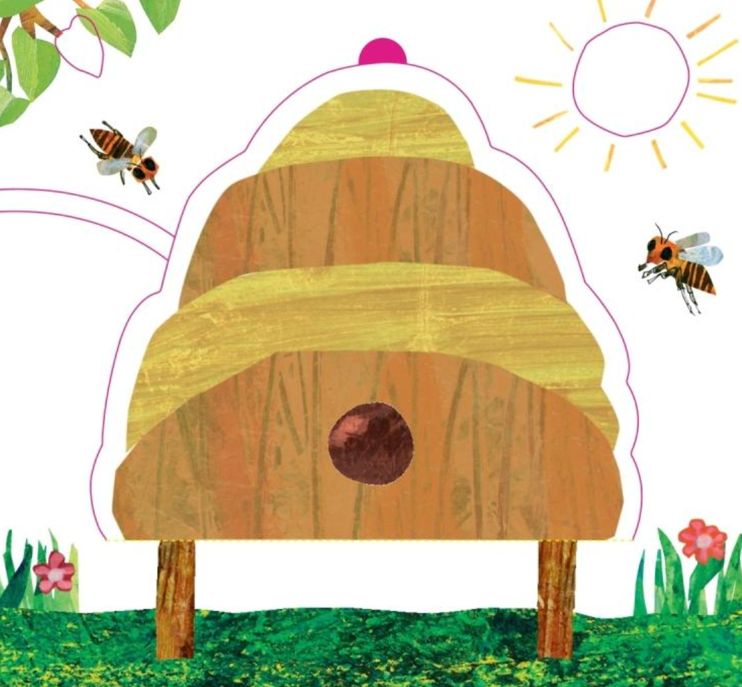Illustration of a beehive with bees and sunshine in Very Hungry Caterpillar's Forest Hide & Seek book for toddlers.
