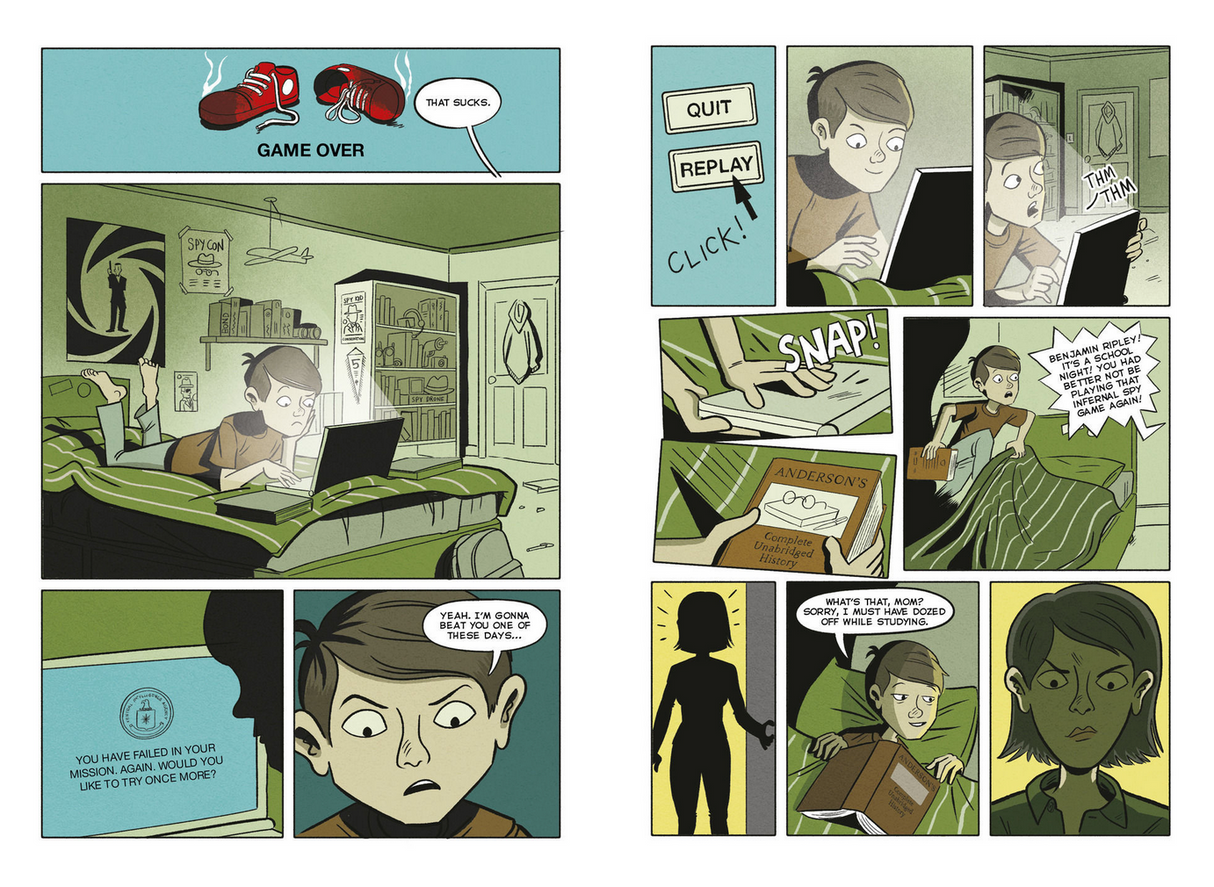 Spy School the Graphic Novel interior pages showing Ben Ripley gaming and discovering his CIA academy invitation.