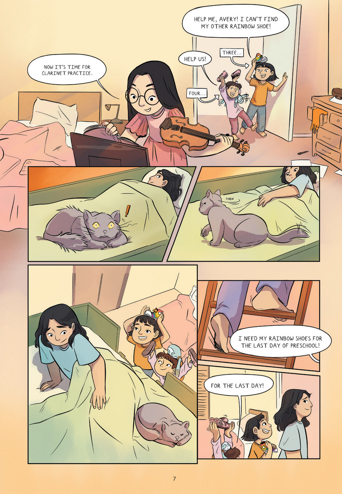 Squished shows Avery juggling sibling chaos while practicing clarinet and searching for a missing rainbow shoe.