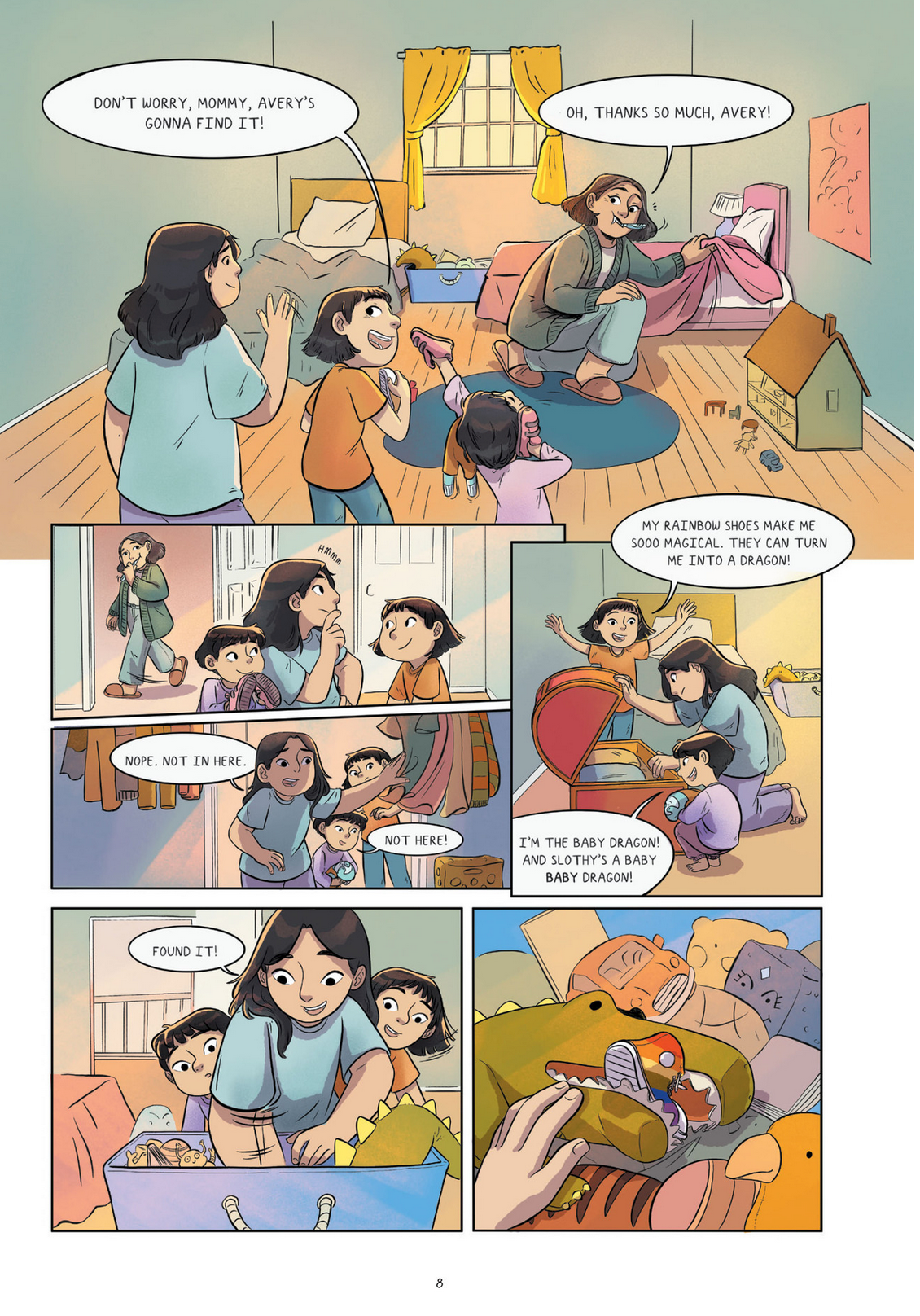 Illustration from Squished showing Avery helping her family find lost items in a cozy, colorful home setting.