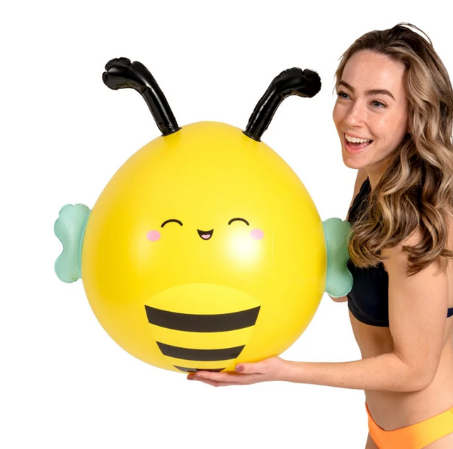 Sunny the Bee beach ball inflates to 30 inches, bright yellow with smiling face and bee details, perfect for fun at the beach.