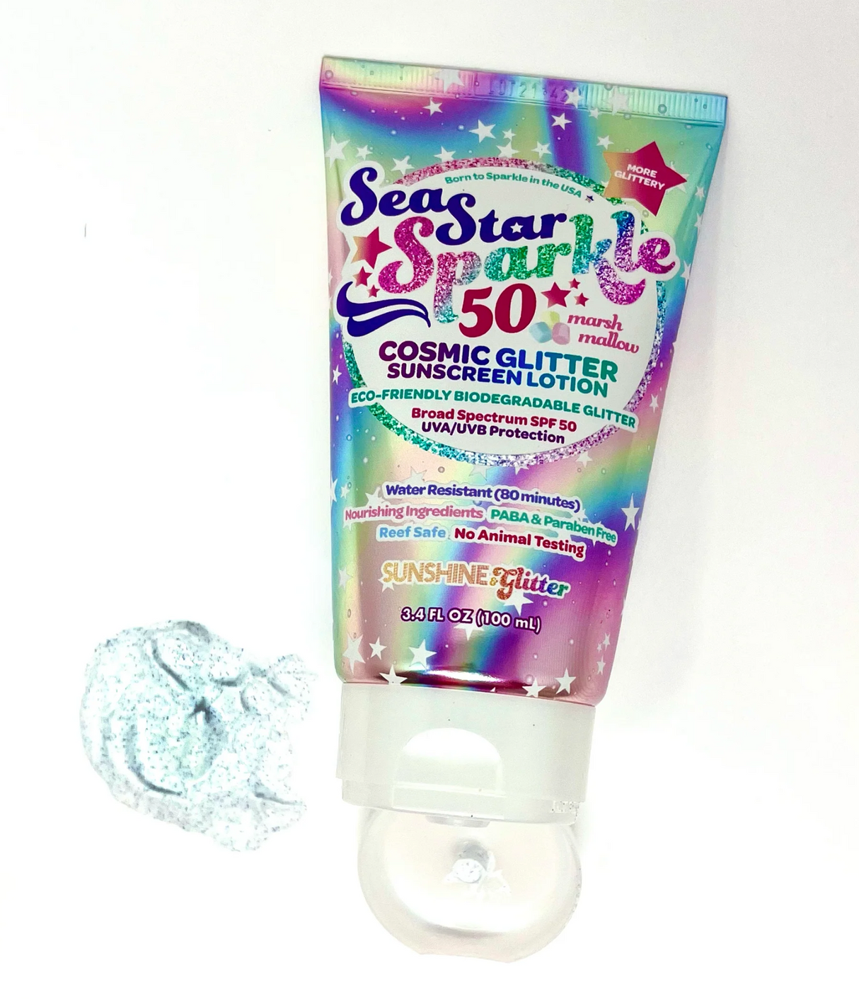 Sea Star Sparkle Cosmic Marshmallow Bio Glitter Sunscreen SPF50 with eco-friendly biodegradable glitter and marshmallow scent.