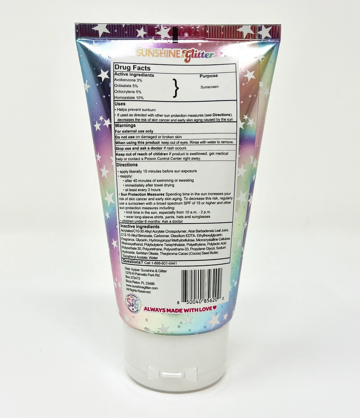 Sea Star Sparkle Cosmic Marshmallow Bio Glitter Sunscreen tube showing drug facts and usage instructions.