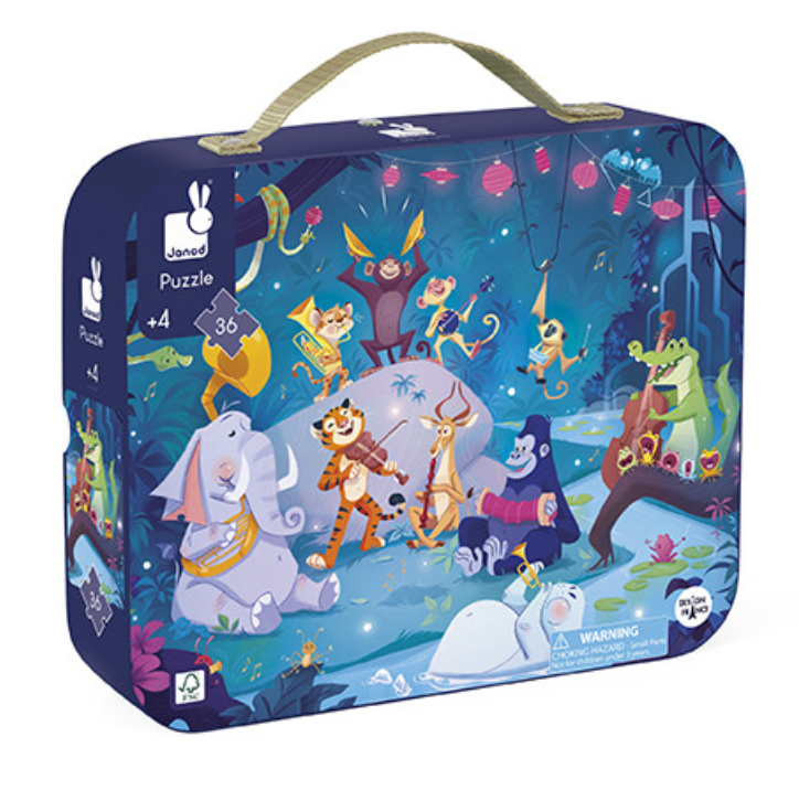 36pc Summer Festivities Suitcase Puzzle with jungle animals enjoying a colorful open-air concert in its portable case.