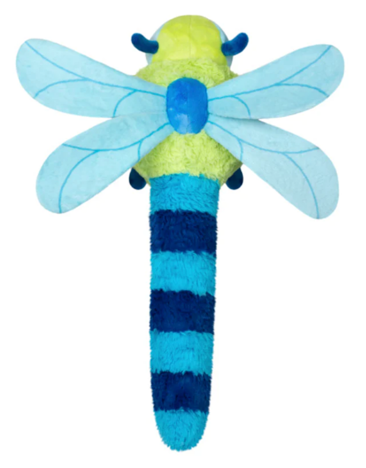 Dragonfly plush toy with blue wings and striped tail, soft polyester fiber, perfect for kids ages 0 and up.