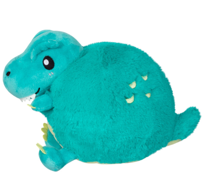T-Rex Snackers plush toy in teal with soft fur and bean base, perfect for stacking, displaying, or cuddling.