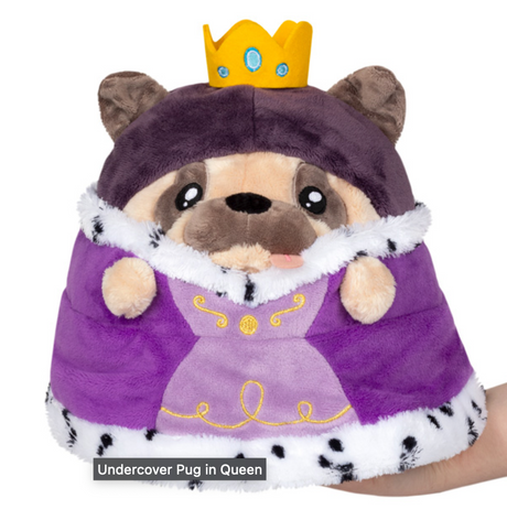 Undercover Pug in Queen plush toy dressed in royal purple robe and yellow crown, soft polyester fiber for all ages.