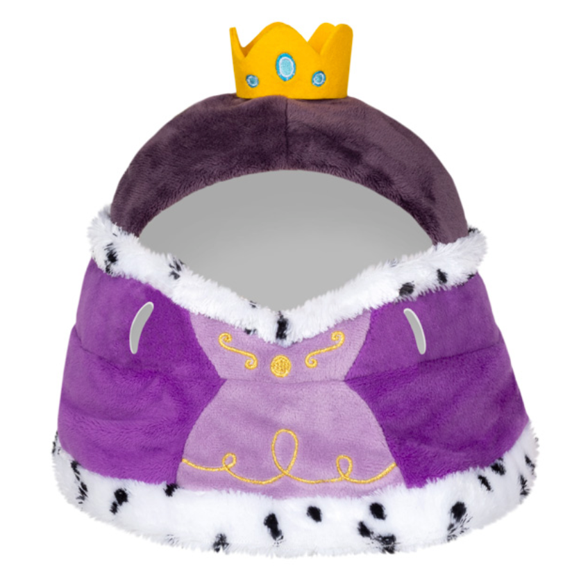 Undercover Pug in Queen plush dog costume with royal purple cape and yellow crown, perfect for small pets.