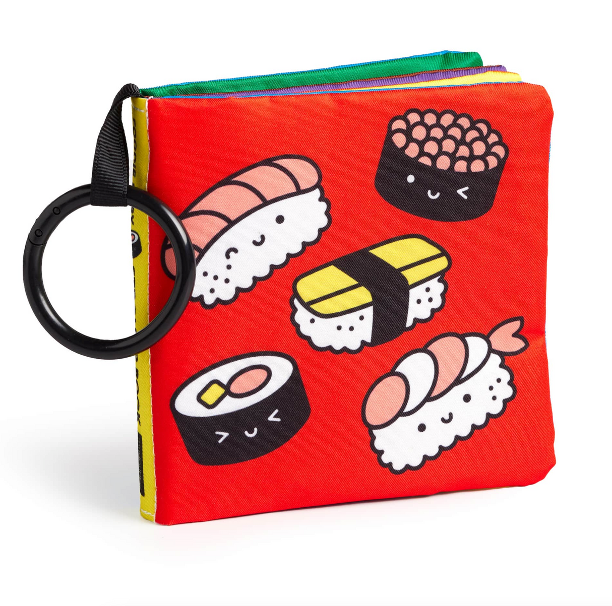 Foodie Baby Crinkle Stroller Book with colorful sushi designs and soft fabric pages for baby’s sensory play.