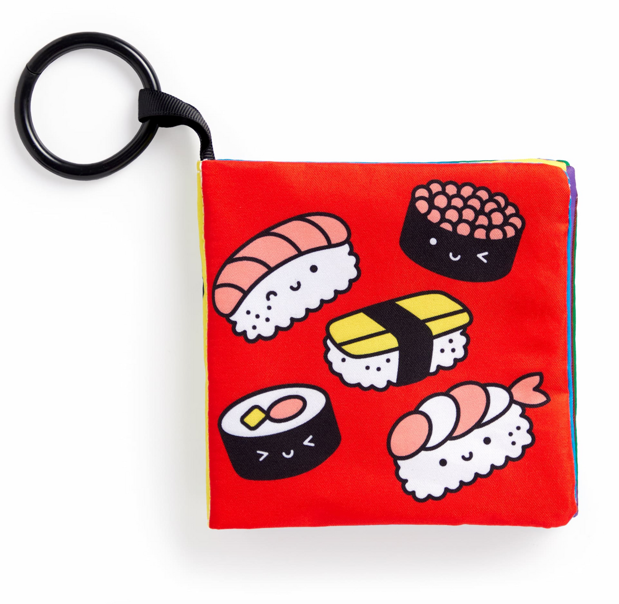 Foodie Baby Crinkle Stroller Book with colorful sushi-themed fabric pages and a clip for stroller attachment.