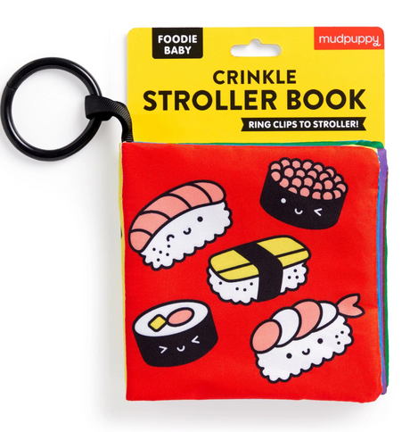 Foodie Baby Crinkle Stroller Book with colorful sushi illustrations and fabric ring clip for stroller attachment.