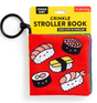 Foodie Baby Crinkle Stroller Book with colorful sushi illustrations and fabric ring clip for stroller attachment.