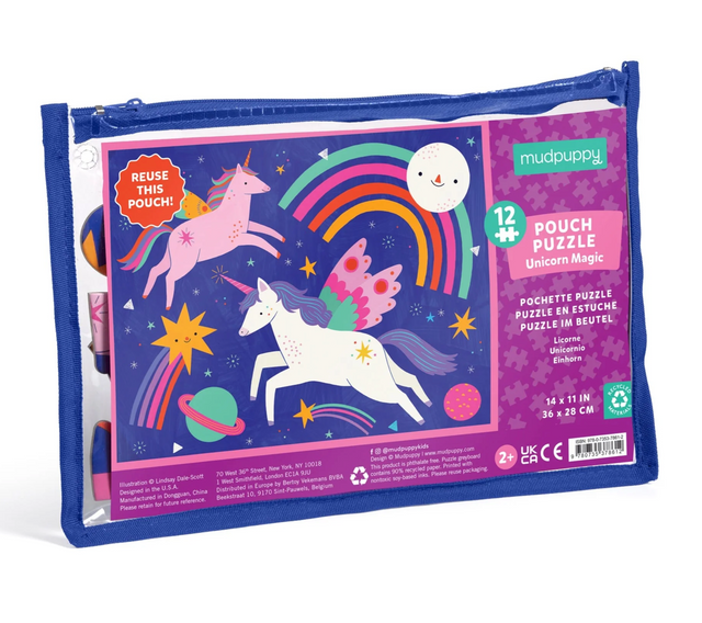 12pc Unicorn Puzzle Pouch with 12 colorful, thick pieces in a reusable zippered pouch for easy storage and travel.