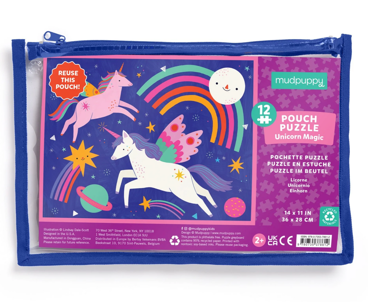 12pc Unicorn Puzzle Pouch with colorful unicorn design, reusable zippered pouch, and 12 thick puzzle pieces for ages 2+