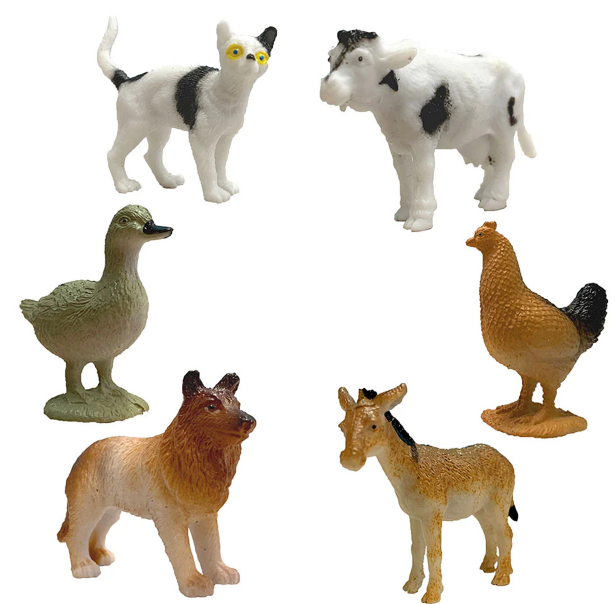 I Dig Farm Animals plastic figurines including cat, cow, duck, chicken, dog, and goat in detailed designs.