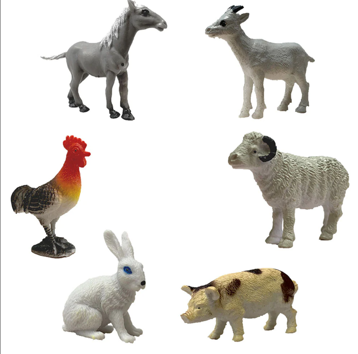 I Dig Farm Animals plastic farm animal figurines including horse, goat, rooster, sheep, rabbit, and pig for kids.