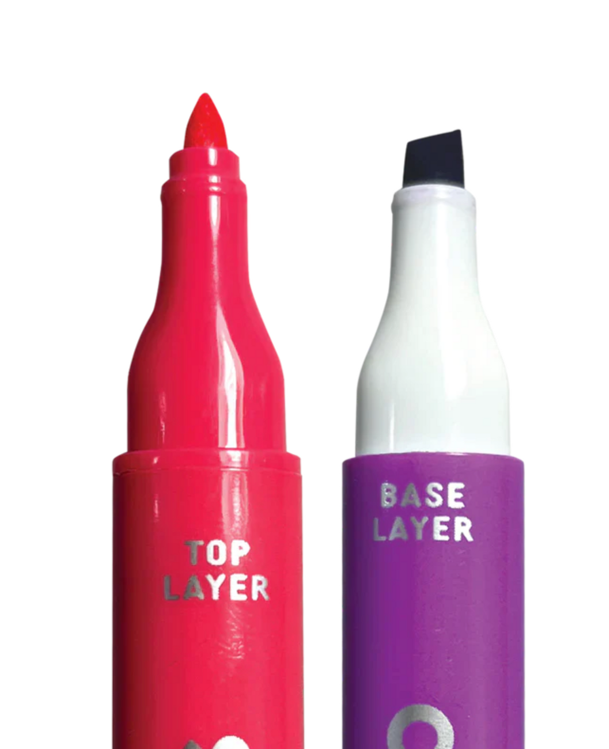 Close-up of double-sided Color Layers Layering Markers showing red top layer tip and purple base layer chisel tip.