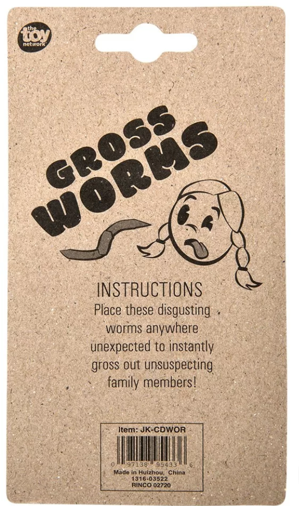 Gross Worms product packaging with playful worm illustration and instructions to prank family members by placing worms anywhere.