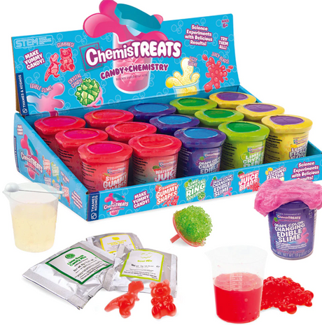 ChemisTreats! Candy + Chemistry set with colorful candy-making science experiment containers and gummy candy samples.
