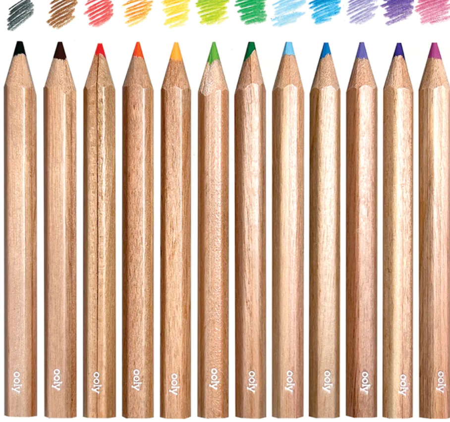 Draw 'n Doodle Mini Colored Pencils & Sharpener showing 12 vibrant colors lined up with color swatches above.