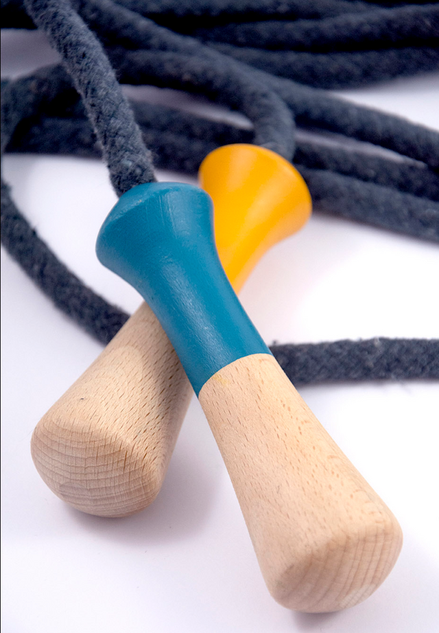 Jump Rope | Playground Blue & Yellow with 4.5m cotton rope and beech wood handles made in Barcelona.