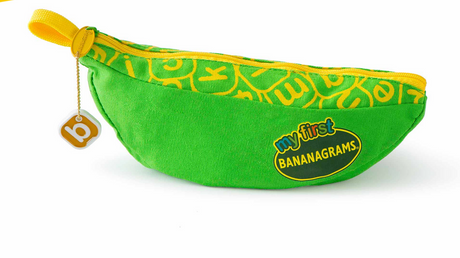 Bananagrams | My First green and yellow banana-shaped pouch for early learners with combo-letter word building tiles inside.
