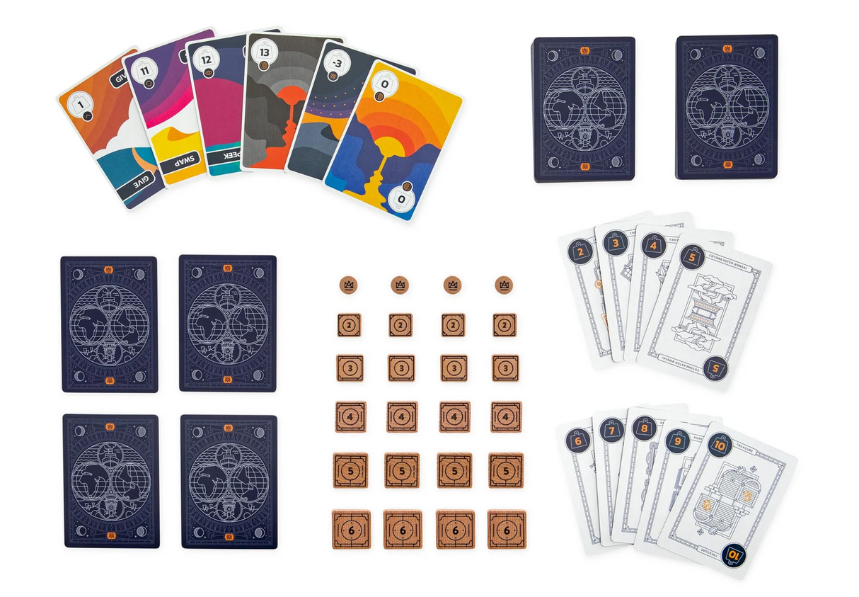 Archduke card game showing colorful cards, wood tokens, and skill-based gameplay components for 2-6 players.