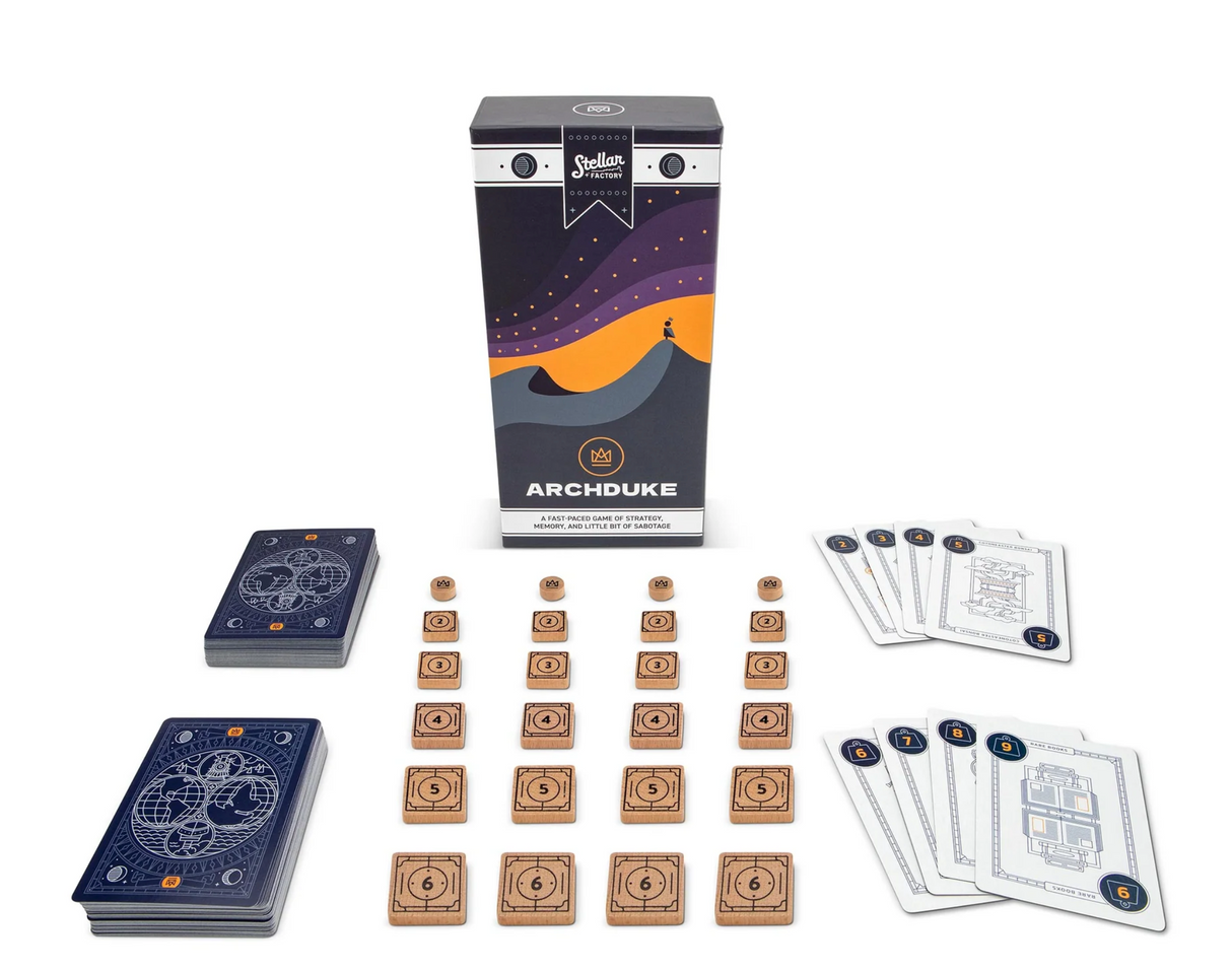 Archduke card game with wood tokens and cards displayed, featuring compact packaging and strategic gameplay for 2-6 players.