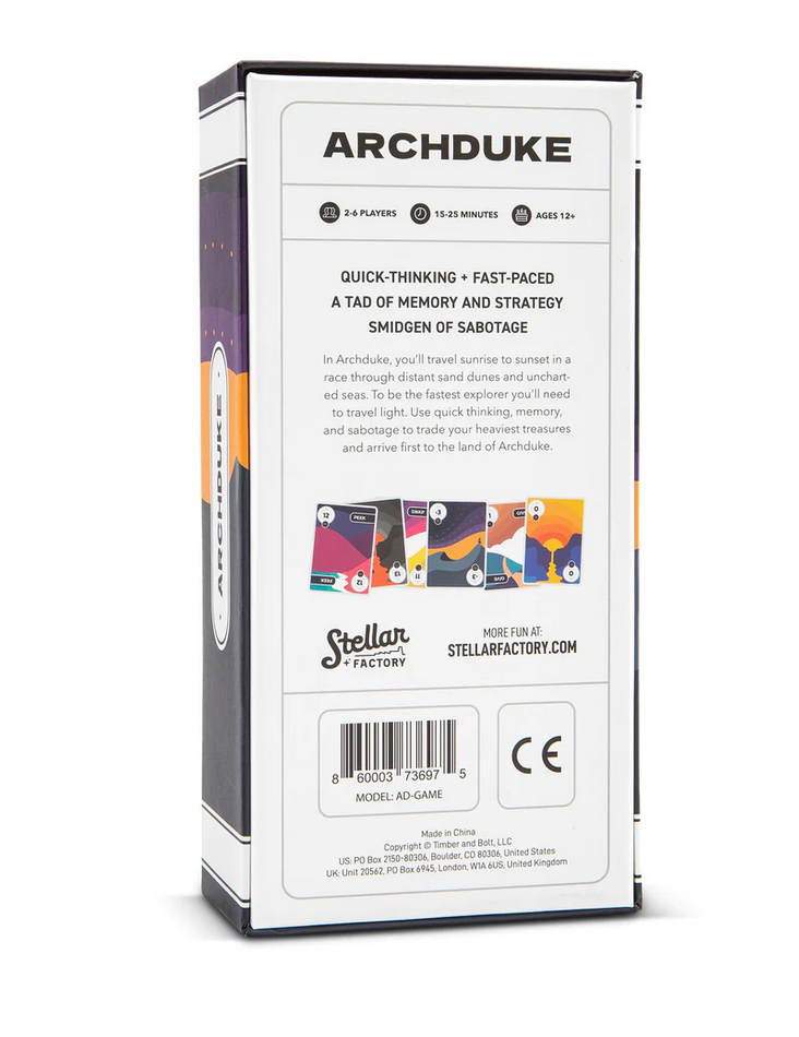 Archduke board game box showing gameplay description and colorful cards for 2-6 players aged 12+ and quick rounds.