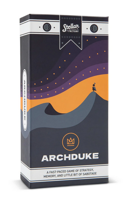 Archduke board game box featuring stylized dunes and night sky, promoting fast-paced strategy and memory gameplay.