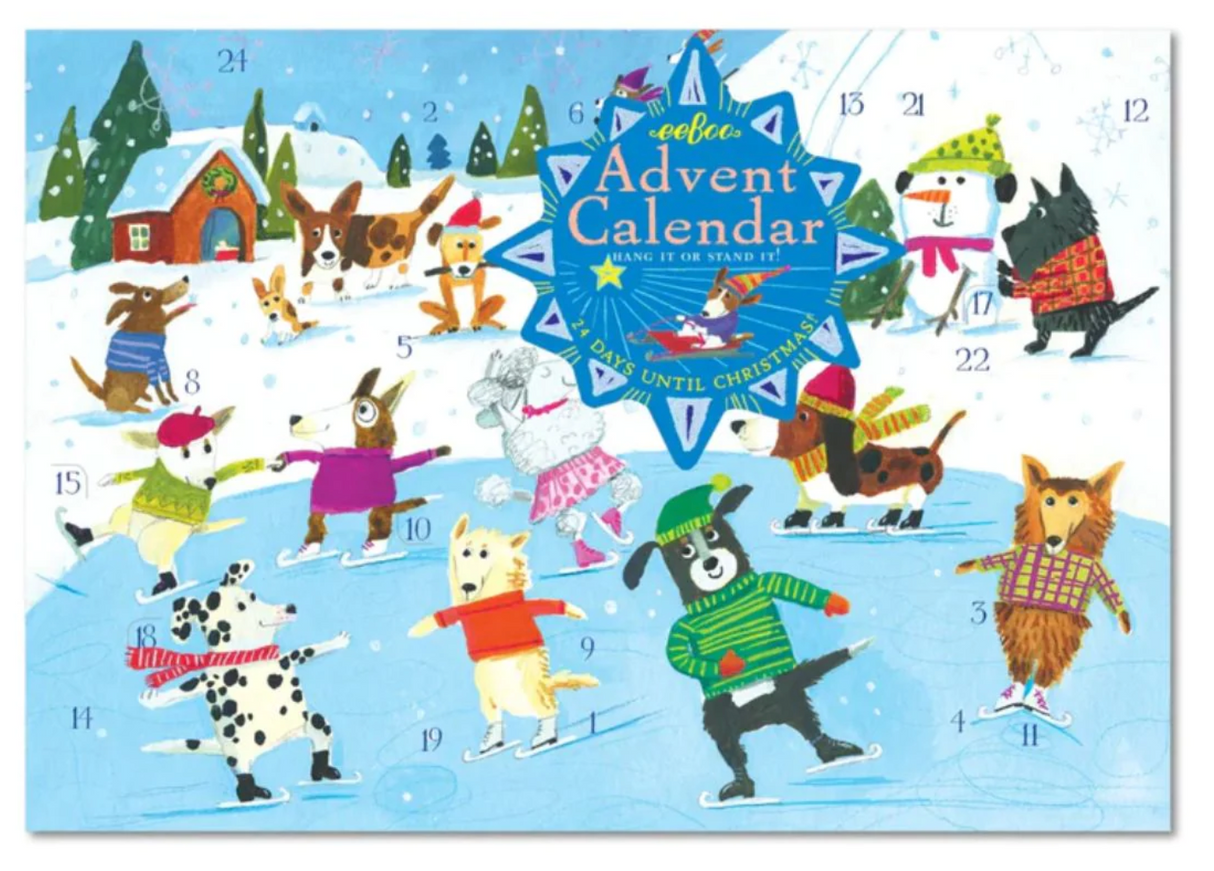 eeBoo Advent Calendar with festive critters ice skating on a snowy winter scene, single paperboard calendar 11"x15