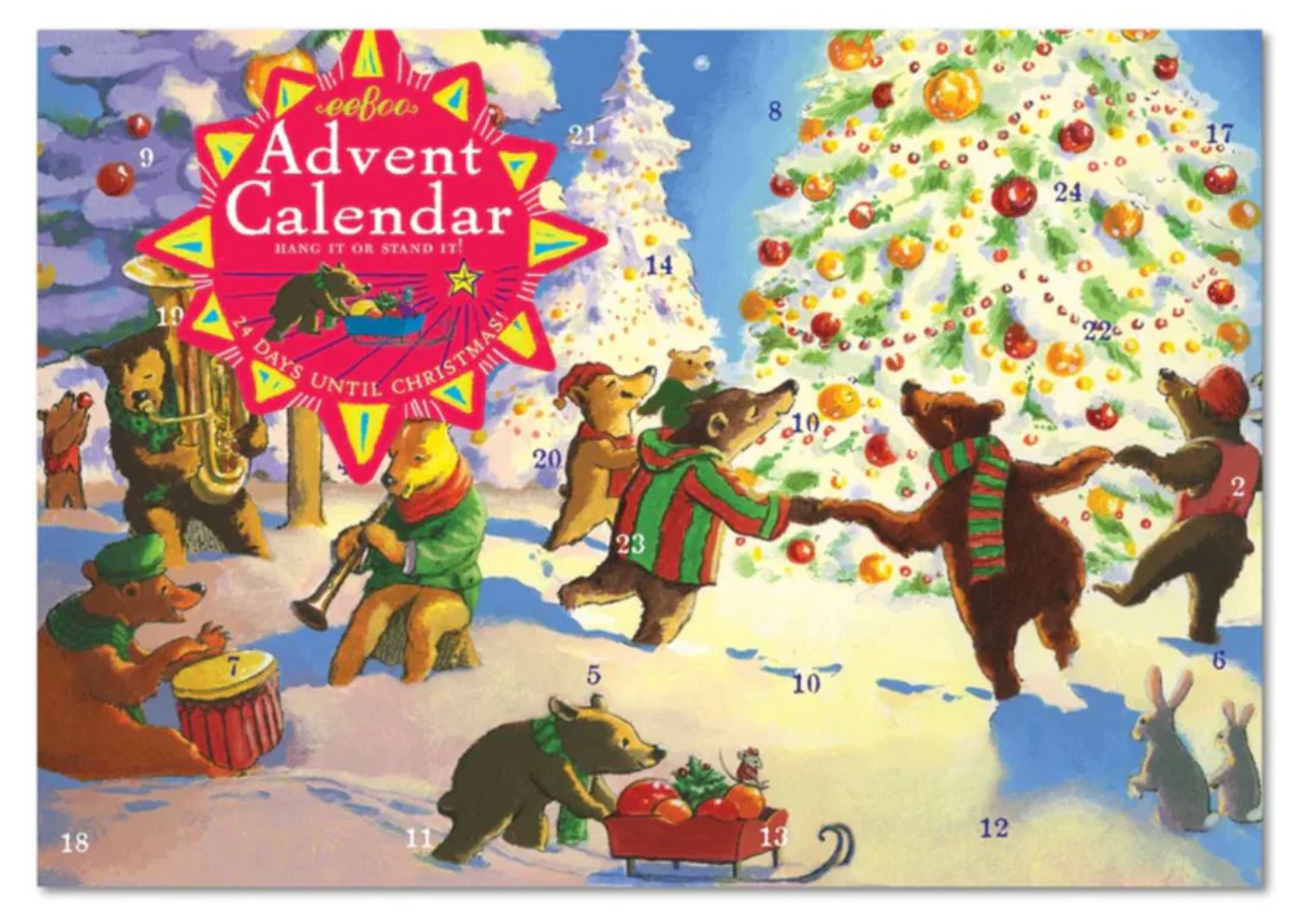 eeBoo Advent Calendar with festive woodland animals celebrating around a decorated Christmas tree in snow.
