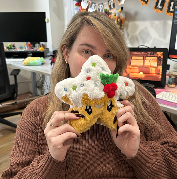Person holding a plush Christmas Star Cookie Snackers toy with festive white frosting and colorful sprinkles in an office setting.