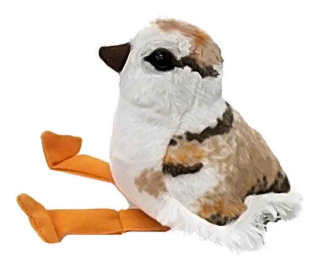 Audubon Bird | Piping Plover Chick plush toy with soft brown and white feathers and orange legs.