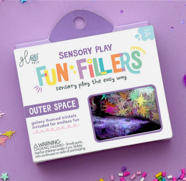 Sensory Jar Fun Fillers Outer Space with galaxy-themed trinkets for enhancing sensory play activities.