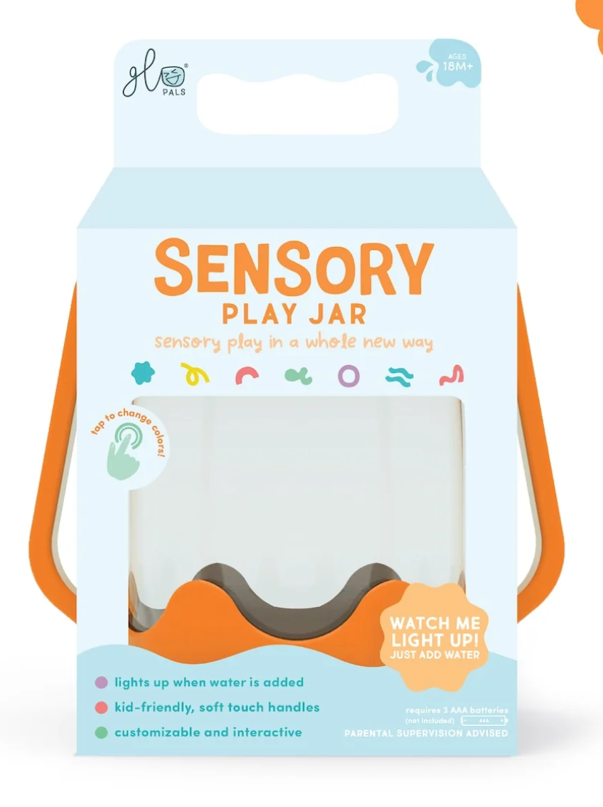 Sensory Jar | Orange packaging showing interactive sensory play jar with soft handles and color-changing feature.