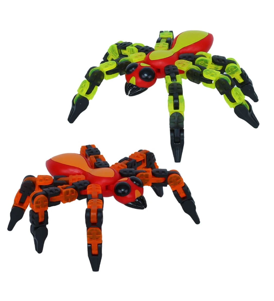 Two colorful interlocking spider toys designed for stress relief and creative play, Klixx Creaturez Bug.