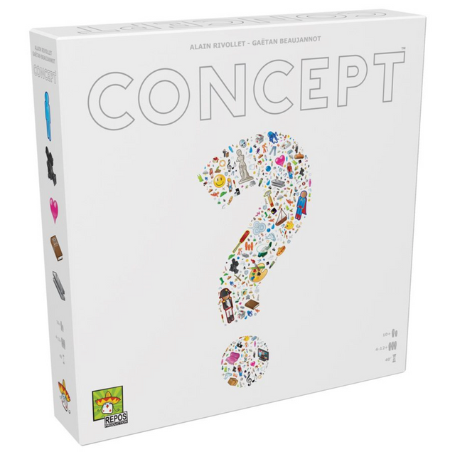 Concept board game box featuring a large question mark made of colorful icons on a white background.