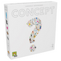 Concept board game box featuring a large question mark made of colorful icons on a white background.